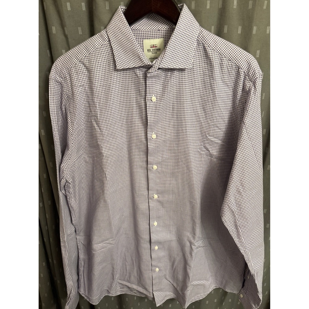 Ben Sherman Mens Purple White Micro Check Slim Fit Dress Shirt 16.5 34-35 Cotton